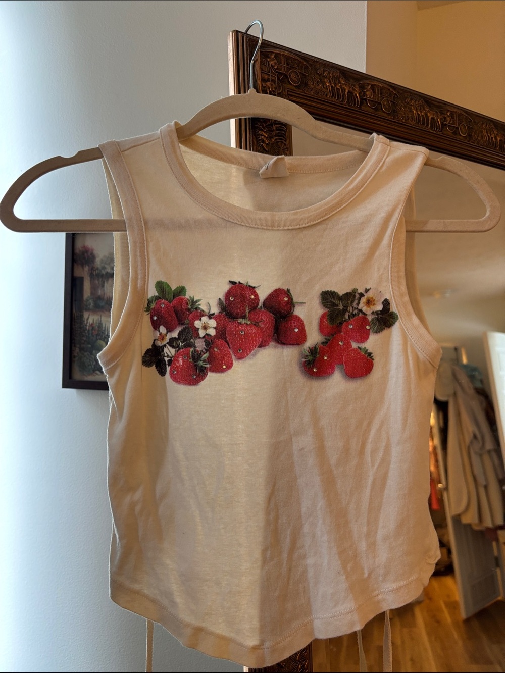 Ivory Open-Back Tie Crop Tank with Strawberry Graphic